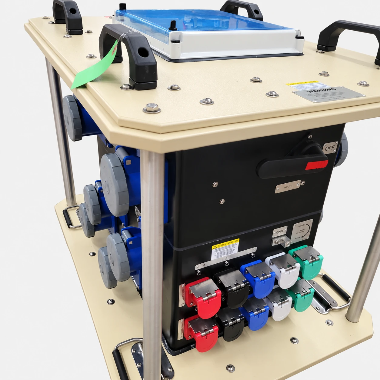 Custom power distribution unit with protected outlets and carrying frame